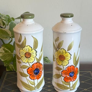 Vintage Retro Flower TALL Salt and Pepper Shakers Orange Yellow Flowers Green Top Kitchenware