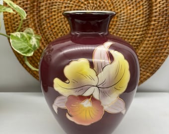 Vase vintage Japon Fujiclos Shippo bordeaux bordée de métal floral