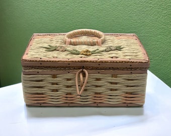 Vintage Pink Woven Wicker Sewing Basket with Decorated Flowers Handle Japan