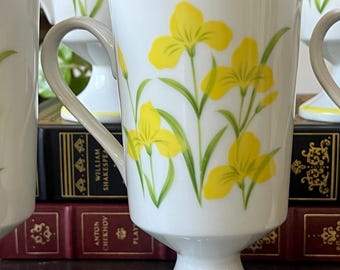 Vintage Modern Floral Pedestal Coffee Mug Yellow Flowers