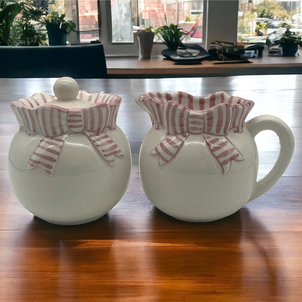 Vintage Haldon group cream and sugar striped pink striped bow set 1990 discontinued