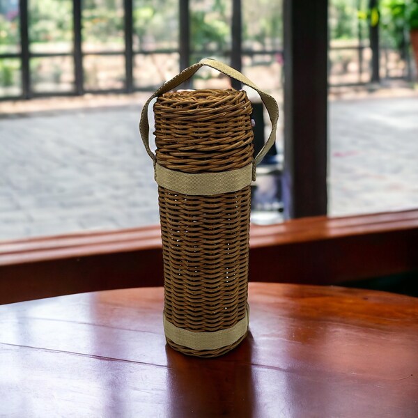 Vintage Wicker Rattan Wine Carrier/ Basket with canvas strap Travel Bar Picnic