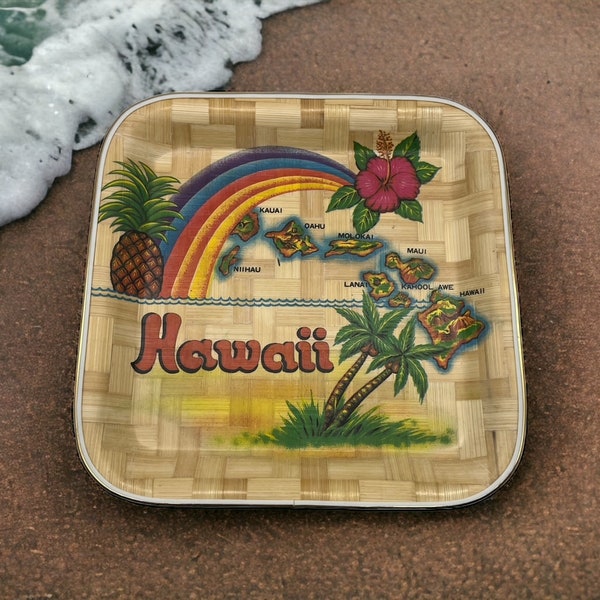 Vintage Hawaii Bamboo Basket Weave Souvenir Tray 10" Flower Rainbow Islands Tiki Barware Serving