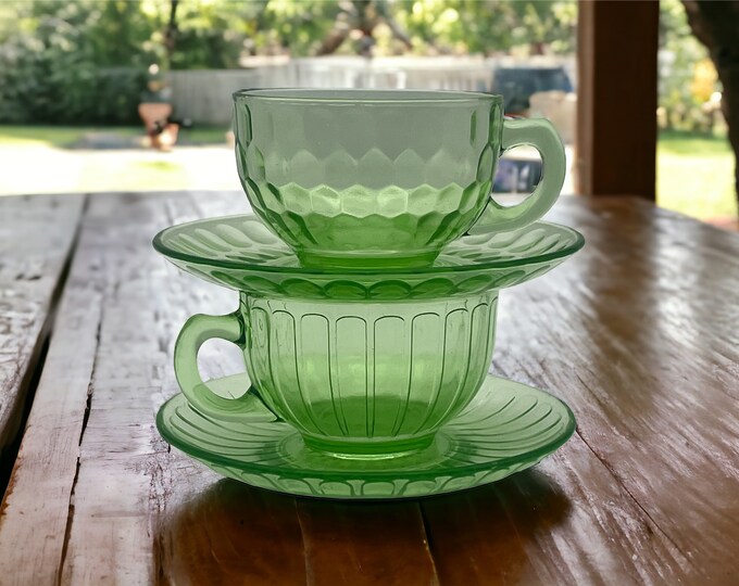 Vintage Uranium Vaseline Glass Cup and Saucer CHOICE Depression Glass