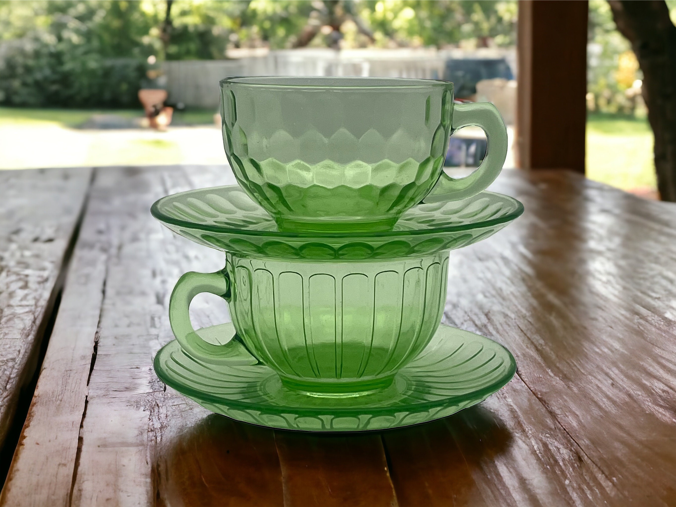 Green Parrot Depression Glass Cup and Saucer Set 