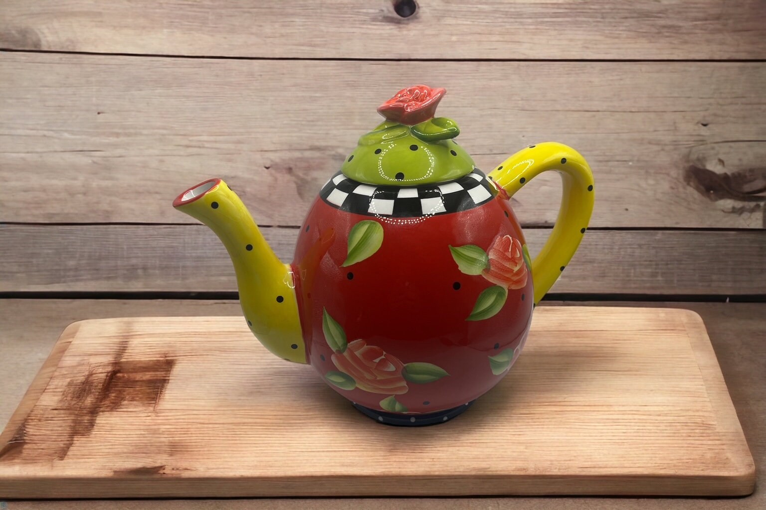 Vintage Joyce Shelton Tea Pot Tea Party Red Checkered Yellow Etsy