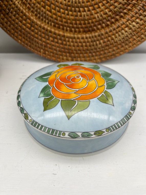 Vintage Dansk Ceramic Blue and Orange Round Box Da