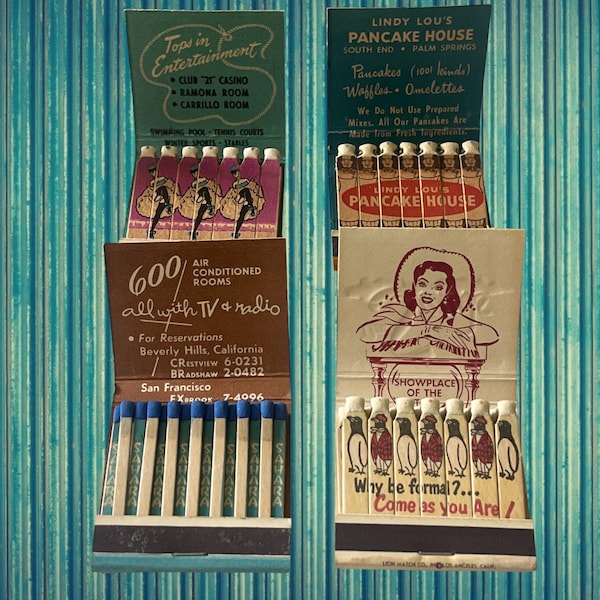 Vintage Printed Matches in Matchbook Un-struck Advertisement books from the 40s 50s 60s 70s Vegas Hotel Los Angeles