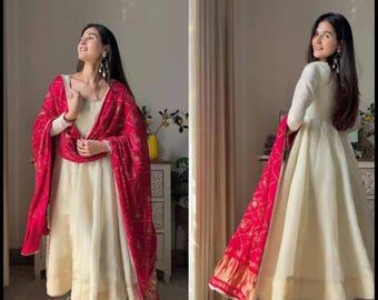 Robe blanche Anarkali de créateur pour l'Aïd, tenue lourde en dentelle, costume Dupatta, robe longue Kurta Anarkali, longue pantalon kurti, costume Dupatta, tenue de mariage