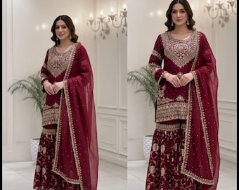 Pakistaanse trendy trouwkleding Georgette geborduurd Salwar Kameez zwaar Sharara-pak Eid Special 3p-pak