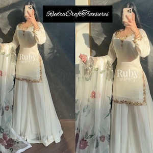 Elegante conjunto de terno paquistanês branco com estampa de raposa em georgette | Kurta Sharara bordado com dupatta floral | Traje étnico para casamento e Eid