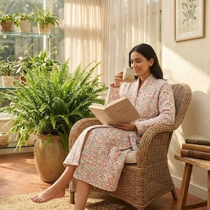 May include: A long-sleeved robe featuring a repeating floral pattern in shades of pink, blue, and green on a white background. The robe has a V-neckline, a wrap-around front design, and a quilted texture, providing a comfortable fit for lounging.