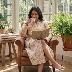 May include: A long-sleeved quilted robe featuring a repeating floral pattern in shades of pink, yellow, and green. The robe has a wrap-front design with a tie waist, a shawl collar, and a light-colored base fabric with a soft, textured appearance.