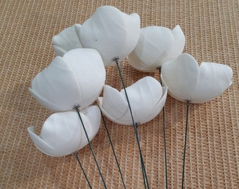 Handmade Porcelain Ceramic Flowers, White Poppies on Florist Wire. Create a flower arrangement to last all year round.