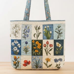 May include: A quilted tote bag featuring a patchwork design of floral illustrations in various colors. The bag has a light blue floral pattern on the handles and a cream-colored base. The bag is made of fabric and has a rectangular shape.
