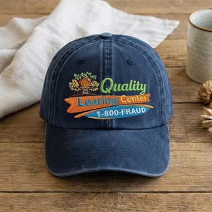 Könnte beinhalten: Marineblaue Baseballkappe mit dem gestickten Text "Quality Learning Center" und "1-800-FRAUD". Die Kappe zeigt eine Baumhaus-Grafik und ein orange-blaues Banner-Design. Der Hut ist aus weichem, abgenutztem Material.