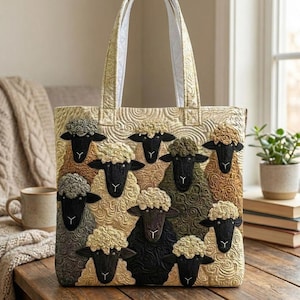 Könnte beinhalten: Cremefarbene Tragetasche mit einem gesteppten Schafdesign. Die Tasche hat ein sich wiederholendes Muster von Schafen mit verschiedenfarbiger Wolle und schwarzen Gesichtern. Die Griffe sind hellcremefarben und die Tasche steht auf einer Holzoberfläche.