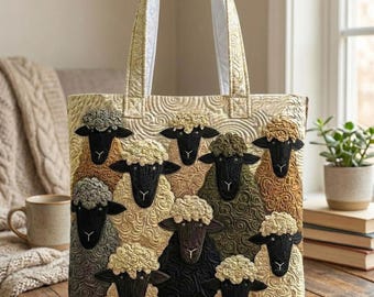 heep Heaven Quilted Tote Bag – Cute Farm Animal Shoulder Bag, Handmade Patchwork Tote, Eco Friendly Gift
