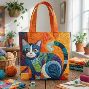 May include: A quilted tote bag featuring a colorful cat design. The bag has orange handles and a patchwork design with blue, green, and orange hues. The cat has blue and white fur with yellow eyes. The bag is sitting on a wooden surface.