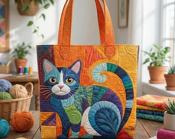 Bunte Katzen Kunst gesteppte Einkaufstasche, Patchwork-Katzentasche, Katzenliebhaber Geschenk, Katzenmuttertasche, künstlerisch gesteppte Tasche für den täglichen Gebrauch