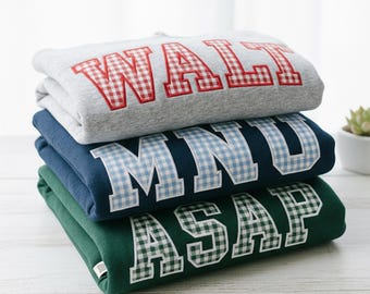 Embroidered Custom Varsity Applique Letter Sweatshirt, Gingham Applique Shirt, Personalized College Letter Crewneck, Team Spirit Gift