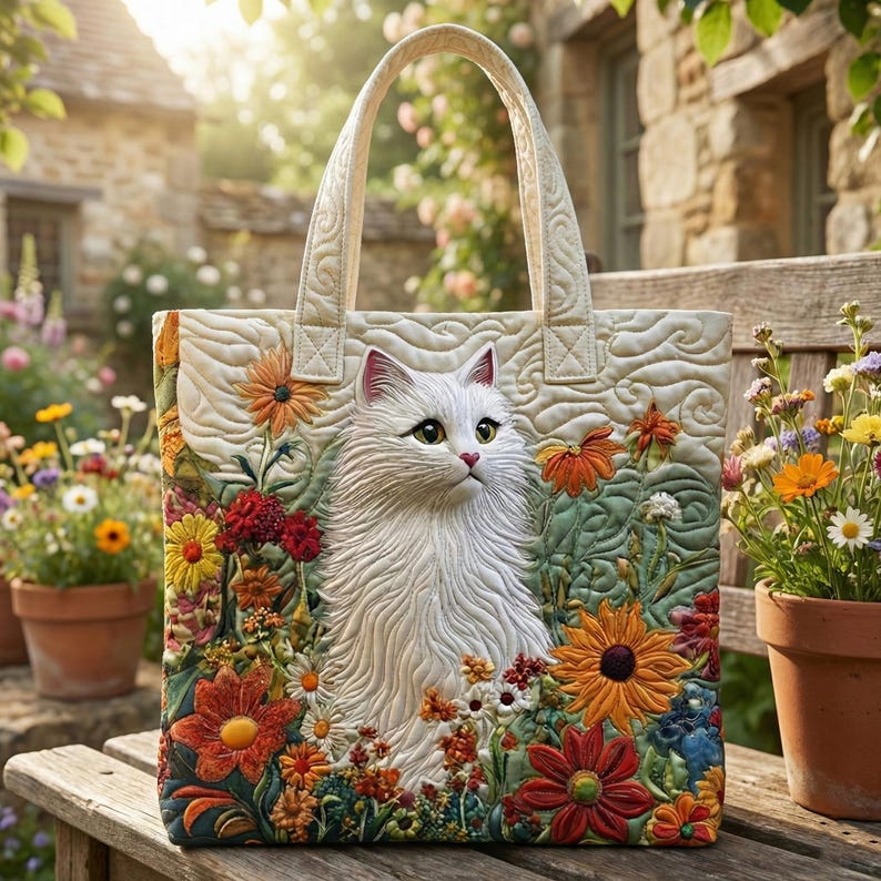 May include: Cream-colored tote bag featuring a white cat amidst colorful embroidered flowers. The bag has a quilted texture and sturdy handles. The floral design includes orange, red, and yellow blooms, creating a vibrant, detailed pattern.