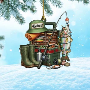 Adorno navideño de pesca personalizado, regalo de pescador plano 2D personalizado con nombre, decoración navideña de lubina, recuerdo navideño de deportes al aire libre
