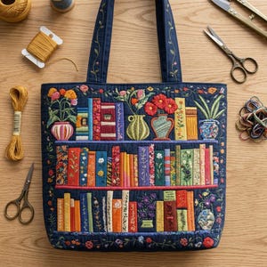 May include: A navy blue tote bag with embroidered floral and bookshelf design. The bag features a detailed depiction of colorful books and vases on shelves, with floral accents. The handles and edges are also embroidered with floral patterns.