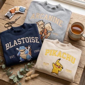Könnte beinhalten: Drei Rundhals-Sweatshirts in Grau, Marineblau und Creme, jeweils bestickt mit den Pokémon-Charakteren Arcanine, Turtok und Pikachu, ihren Namen, dem Text EST. und 1996, dazu Stickgarn, eine Schere und eine Tasse.