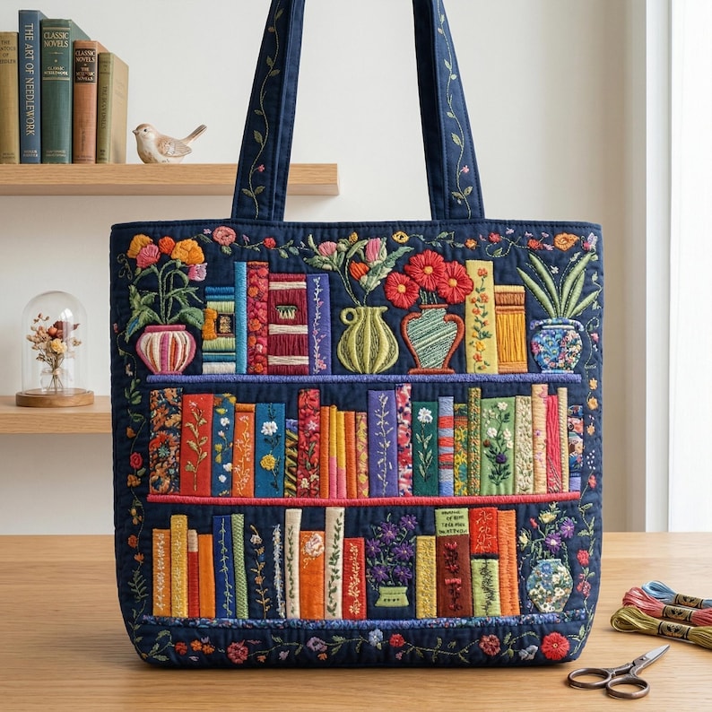 Book Lover Quilt Tote Bag, Floral Open Book Quilted Tote, Library Book Patchwork Tote Bag, Bookish Market Bag for Readers, Teacher Gift image 5