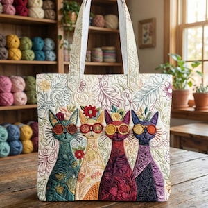 May include: Quilted tote bag featuring four stylized cats wearing sunglasses and floral accents. The cats are in shades of teal, yellow, red, and purple, set against a cream background with floral embroidery. The bag has white handles.