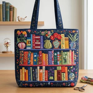 May include: Navy blue tote bag with an embroidered bookshelf design. The bag features colorful embroidered books, vases of flowers, and floral accents. The handles are also embroidered with vines and flowers. The bag is made of a quilted fabric.