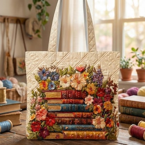 Könnte beinhalten: Cremefarbene Tragetasche mit Steppmuster und Blumen- und Buchstickerei. Die Stickerei zeigt einen Stapel Bücher mit bunten Blumen in Rot-, Orange-, Blau- und Lilatönen. Die Tasche hat hellfarbene Griffe.