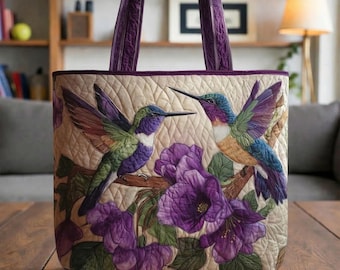 Hummingbird Quilted Tote Bag, Purple Floral Bird Bag, Handmade Style Shoulder Bag, Nature Lover Gift, Quilted Cotton Tote