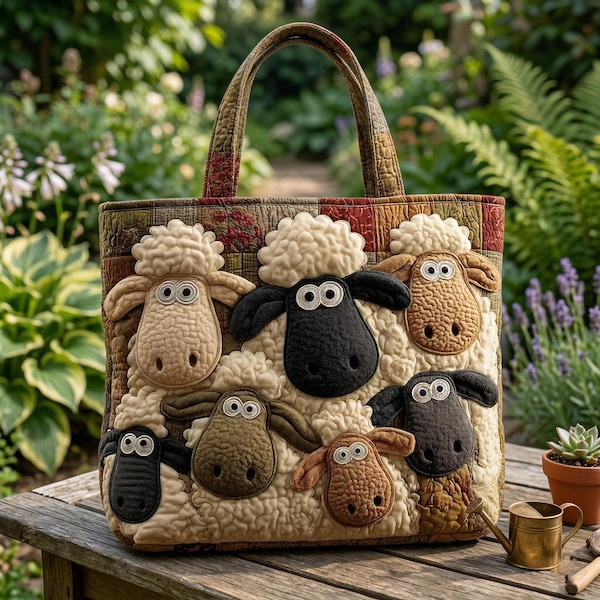 Quilted Sheep Tote Bag, Colorful Illustration Padded Shoulder Bag, Animal Lover Gift