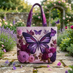 May include: A quilted tote bag with a large purple butterfly and floral design. The bag features a light pink background with embroidered flowers and butterflies in shades of purple and burgundy. The handles are a darker purple.