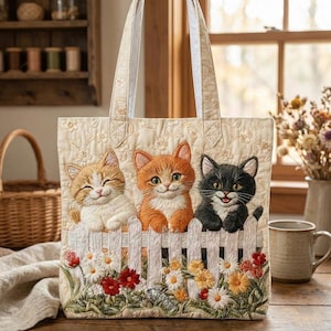 May include: Cream-colored tote bag featuring three smiling cat faces peeking over a white picket fence. The bag has a quilted floral pattern and sturdy cream-colored handles. Colorful flowers are embroidered at the base of the fence.