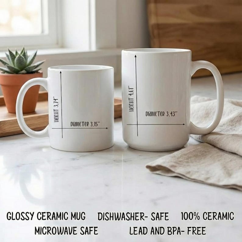 May include: Two white glossy ceramic mugs. The smaller mug is 3.74 inches tall with a 3.15-inch diameter. The larger mug is 4.61 inches tall with a 3.43-inch diameter. The mugs are dishwasher and microwave safe, and lead and BPA-free.