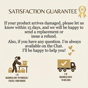May include: Cream-colored graphic with the text "SATISFACTION GUARANTEE" and details about returns and refunds. Includes illustrations of a person packing boxes and a delivery truck, with text indicating processing and delivery times.
