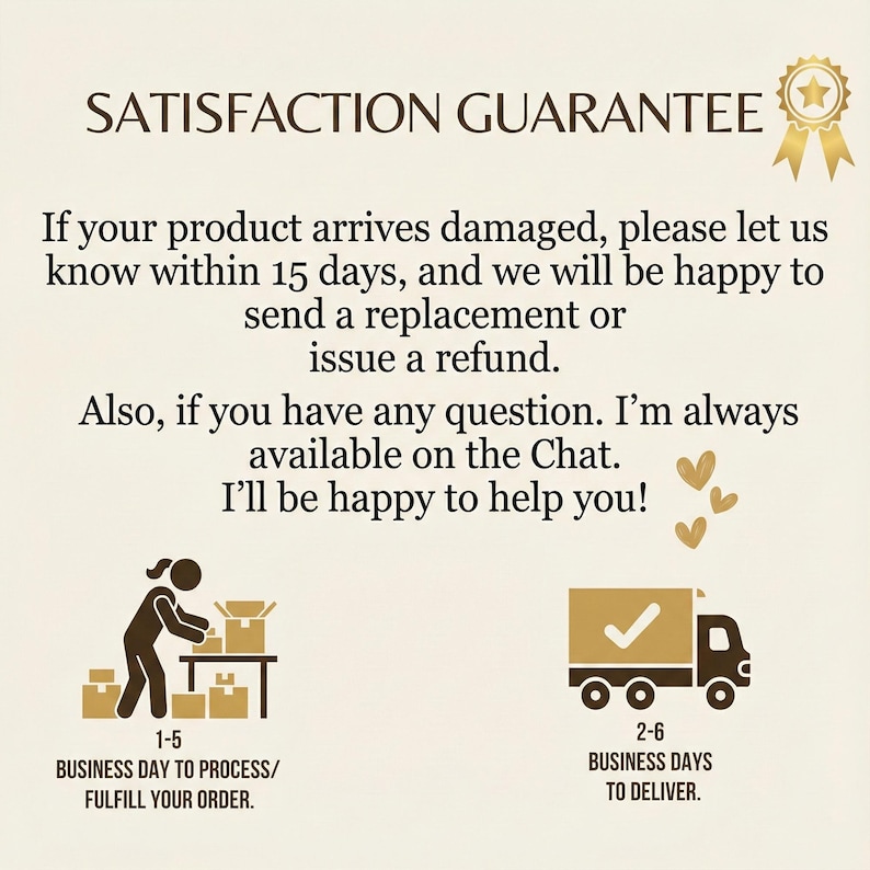 May include: Cream-colored graphic with the text "SATISFACTION GUARANTEE" and details about returns and refunds. Includes illustrations of a person packing boxes and a delivery truck, with text indicating processing and delivery times.
