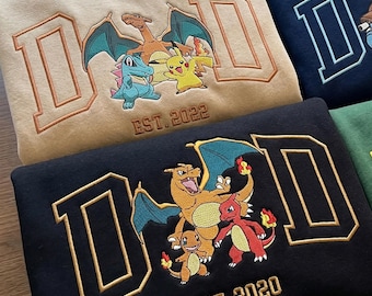 Maglietta personalizzata con ricamo PokaDad, felpa personalizzata con personaggi anime, regalo per la festa del papà a tema anime, Pocket Beast, regalo di compleanno per papà