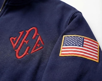 Embroidered Quarter Zip Sweatshirt, USA Sleeve Inspired Pullover, Monogram Quarter Zip Sweater, Unisex Blue Fleece