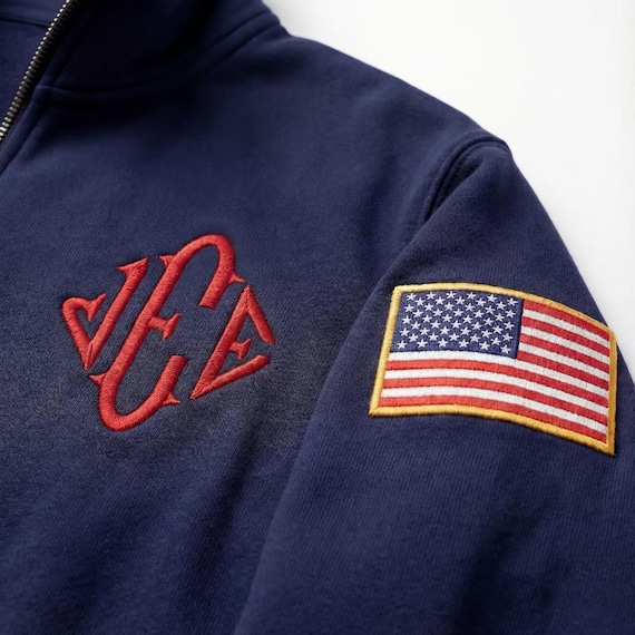 Custom Embroidered Quarter Zip Sweatshirt, USA Sleeve Inspired Pullover, Monogram Quarter Zip Sweater, Unisex Blue Fleece