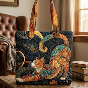 May include: A quilted tote bag with a design of an orange cat with blue eyes, stretching across the front. The cat is set against a dark blue background with floral and paisley patterns. The handles and trim are in shades of orange and brown.