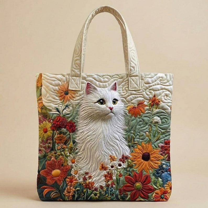 May include: Cream-colored tote bag featuring a white cat amidst a vibrant floral garden. The bag has a quilted design with a detailed 3D effect, showcasing colorful flowers in shades of orange, red, yellow, and green. The handles are cream-colored.