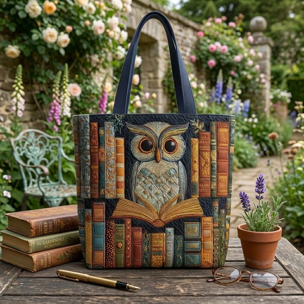 Personalized Owl Quilted Tote Bag, 2D Printed Book Lover Tote, Custom Name Floral Owl Bag, Gift for 