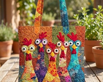 Chicken Quilt Tote Bag, Colorful Patchwork Chicken Purse, Quilted Farmhouse Tote, Chicken Lover Gift
