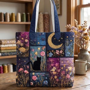 Może przedstawiać: Pikowana torba typu tote z ciemnoniebieskim uchwytem i patchworkowym wzorem. Torba posiada sylwetkę czarnego kota, złoty półksiężyc i haftowane kwiaty w odcieniach różu, żółci i niebieskiego. Tło to mieszanka ciemnoniebieskiego i fioletowego.