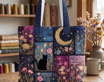 Floral Cat Quilted Tote Bag, Night Cat Art Tote, Handmade Patchwork Fabric Shoulder Bag