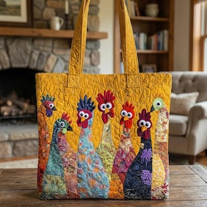 May include: A quilted yellow tote bag featuring a colorful appliqué design of several cartoon chickens. The chickens have various patterns and colors, with red, blue, and green accents. The bag has two yellow handles.